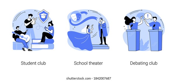 After-school Activity Abstract Concept Vector Illustration Set. Student Club, School Theater, Debating Competition, Public Speaking, Drama Class, College Campus Event, Communication Abstract Metaphor.