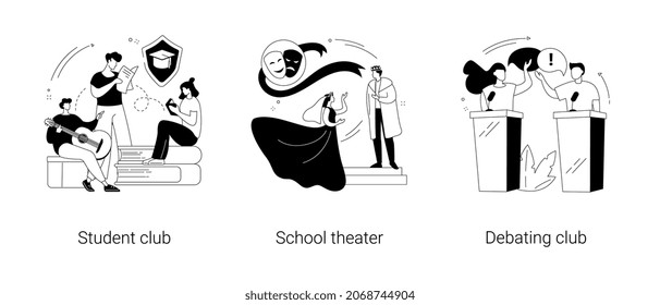 After-school activity abstract concept vector illustration set. Student club, school theater, debating competition, public speaking, drama class, college campus event, communication abstract metaphor.