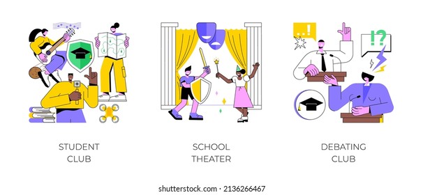 After-school Activity Abstract Concept Vector Illustration Set. Student Club, School Theater, Debating Competition, Public Speaking, Drama Class, College Campus Event, Communication Abstract Metaphor.