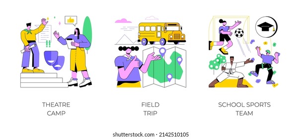 Afterschool activity abstract concept vector illustration set. Theatre camp, field trip, school sports team, summer camp, excursion for pupils, exercise and tournament, training abstract metaphor.