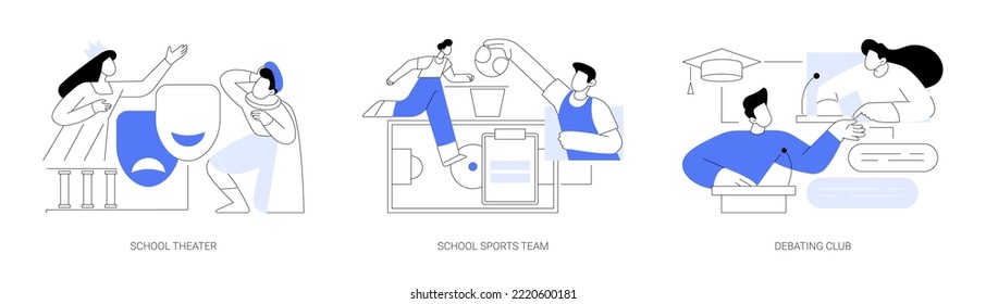 After-school activity abstract concept vector illustration set. School theater, sports team, debating club, kids drama class, speaking class, communication skill, workshop abstract metaphor.