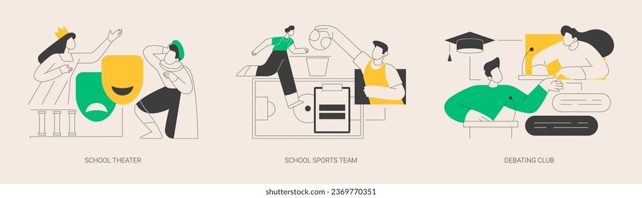 After-school activity abstract concept vector illustration set. School theater, sports team, debating club, kids drama class, speaking class, communication skill, workshop abstract metaphor. svg