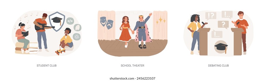 After-school activity isolated concept vector illustration set. Student club, school theater, debating competition, public speaking, drama class, college campus event, communication vector concept.