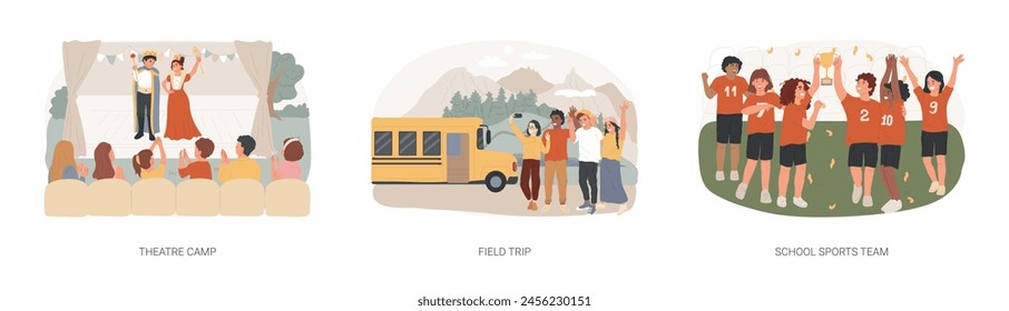 Afterschool activity isolated concept vector illustration set. Theatre camp, field trip, school sports team, summer camp, excursion for pupils, exercise and tournament, training vector concept.