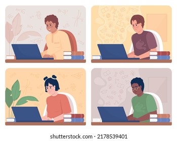 Conjunto de ilustraciones aisladas vectoriales 2D de educación postescolar. Emocionado por los estudiantes de matemáticas, personajes llanos sobre el fondo de las caricaturas. Colorida colección de escenas editables para móvil, sitio web, presentación