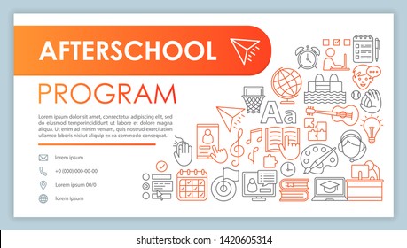 Afterschool program banner, business card template. After school education. Company contact with phone, email linear icons. Kids classes, lessons. Presentation, web page idea. Corporate print layout