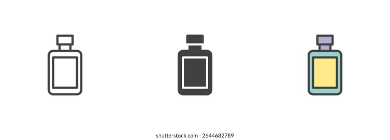 Aftershave bottle icon set with rectangular form and cap in line, solid, and colorful filled outline styles. Vector grooming icon and skincare product symbol for barbershop.