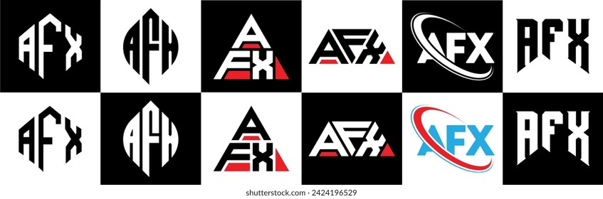 AFX letter logo design in six style. AFX polygon, circle, triangle, hexagon, flat and simple style with black and white color variation letter logo set in one artboard. AFX minimalist and classic logo