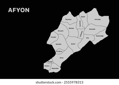 Afyon district map, isolated city map in turkey.