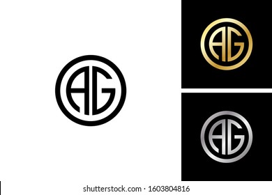 AG, A and G, initial letters circle elegant logo golden silver black background - vector