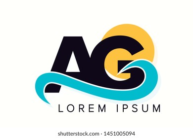 AG letter logo with ocean waves and sunset. Beach concept design