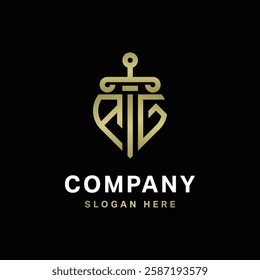 AG Logo monogram with sword and shield combination isolated with gold colors