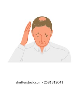 AGA: A middle-aged man holding his hand on his head, worried about thinning hair