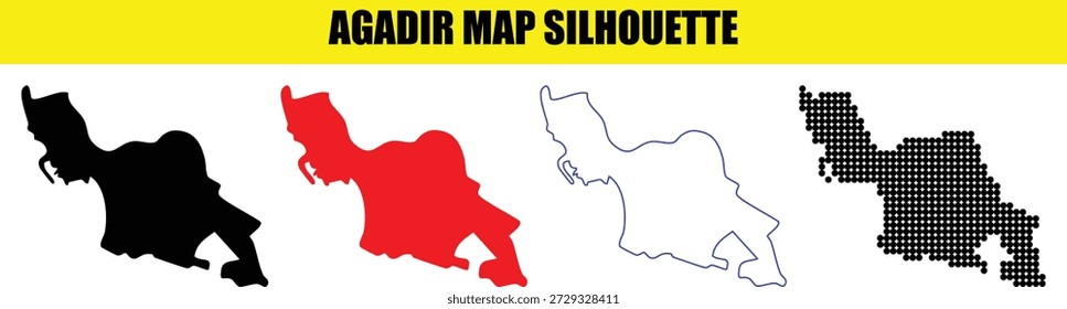 Agadir city map outline, filled black shape, red filled shape, blue line shape, dotted shape. Graphic elements for design.