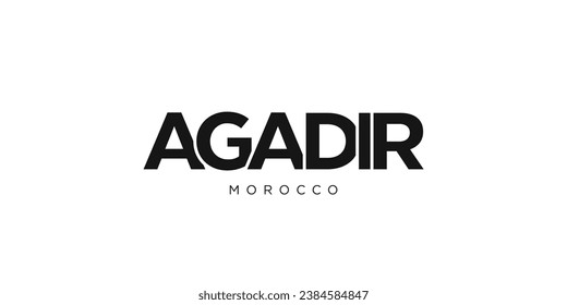 Agadir in the Morocco emblem for print and web. Design features geometric style, vector illustration with bold typography in modern font. Graphic slogan lettering isolated on white background.