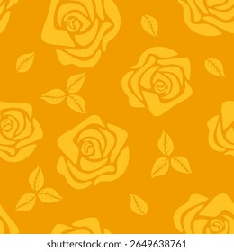 Against a backdrop of orange, there are stylized images of roses and greenery, all in the same color as the background, albeit with a slightly more muted tone.
The roses are depicted as outlines.