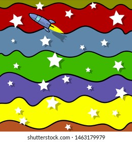 Against the backdrop of a rainbow atmosphere, a spacecraft is flying. Behind the aircraft are white stars.
