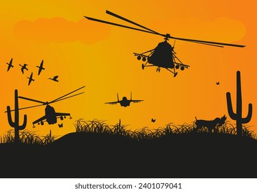Against the backdrop of the setting sun and calm nature, silhouettes of military equipment. ESP 10.