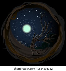 Against the backdrop of a starry night, near the village, a tree sings its song. Vector illustration.