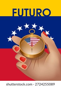 Contra o pano de fundo da bandeira venezuelana, a mão de uma mulher segura uma bússola de ouro, cuja seta vermelha aponta para o setor com a bandeira dos EUA. A inscrição "Futuro" em espanhol significa Futuro.