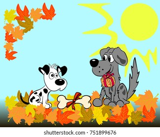 Against the background of the autumn landscape, one dog congratulates the other on his birthday giving a gift and a bone.