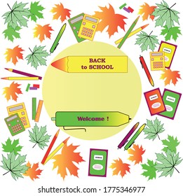 Against the background of autumn leaves are school notebooks, pens, pencils, calculators. In the center there is a place to place an invitation to the school fair.
