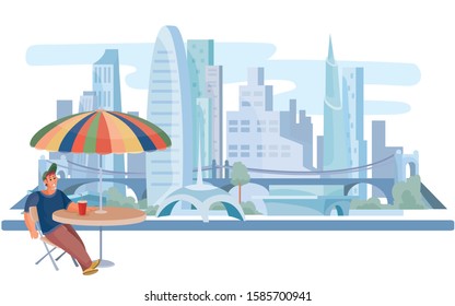 against the background of the big morning city, a guy sits at a coffee table, waiting for a boyfriend or girlfriend, vector illustration