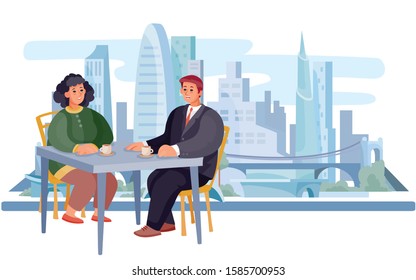 against the background of the big morning city, a guy and a girl are sitting, they have a date or a business meeting, breakfast, lunch, vector illustration