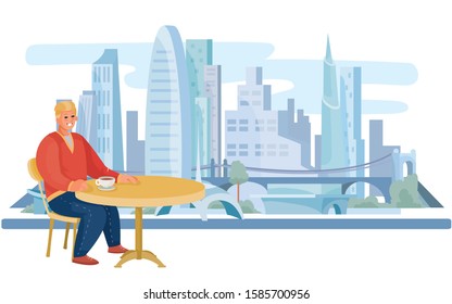 against the background of the big morning city, a guy sits at a coffee table, waiting for a boyfriend or girlfriend, vector illustration