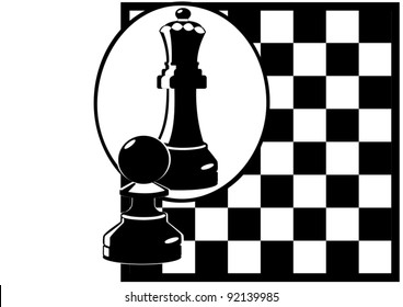 Against the background of a chessboard Pawn looks in the mirror and sees himself as the Queen. Black and white illustration.