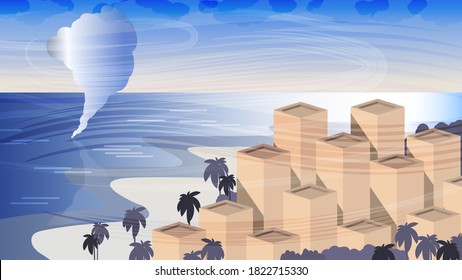 against the background of a dark sky with clouds, a vortex tornado moves from the ocean towards coastal houses with palm trees. beautiful tropical landscape. vector