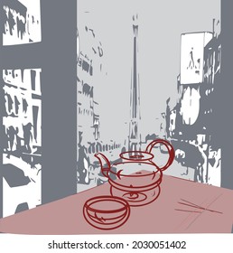 Vor dem Hintergrund der grauen Stadt, ein transparenter Glasteektopf auf einem Ständer mit Kerze und Glas.
Vielleicht eine Werbung für ein Stadtcafé
