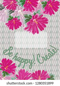 Against the background of a knitted canvas, a bouquet of pink bright asters, flowers and leaves, a vector for congratulations to those who like to knit and handmade- inscription be happy, crea