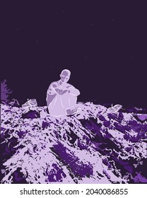Against the background of a lilac sky, on a hill, a man sits, next to his shoes.
