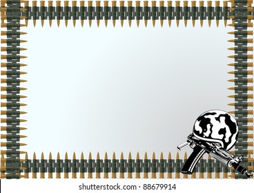 Against the background of a machine gun belt helmet with a gun
