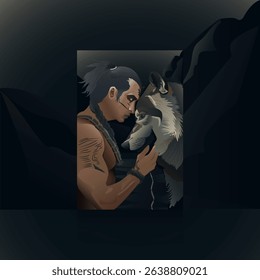 Against the background of the mountains, a man holds a wolf by the head, as if trusting him with some secret. 