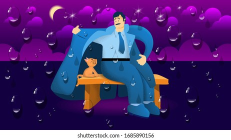 against the background of the night sky with clouds, moon, stars, a mustachioed man sits on a bench and with a cloak covers a red kitten from raindrops. cute picture with 3D effect. flat design.vector