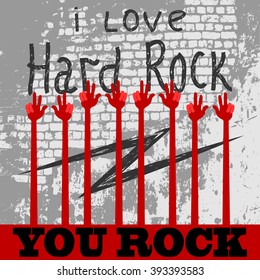 against the background of the old wall of words and a lot of hands raised, for all who love to rock. vector illustration
