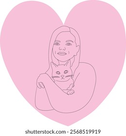 Against the background of a pink heart, a girl holding a cat is drawn with a single line. Cat Day. Graphic illustration in the form of a solid line