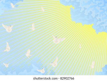 Against the background of sky and clouds flying flock of white doves
