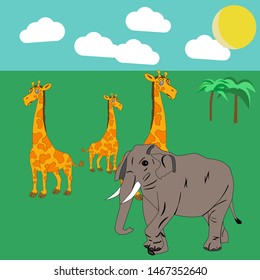 Against the background of the sky and green grass are three giraffes, with an elephant. Animals of inanimate nature. Illustration for children, for a book, for a magazine.