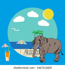 Against the background of sky, sea, beach stands a large elephant going to a cocktail. Elephant animal wildlife. Illustration for children, for a book, for a magazine.