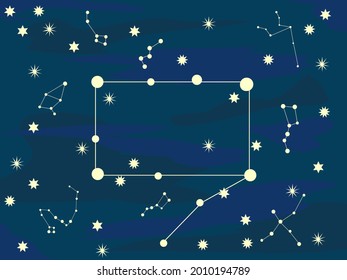 Against the background of the starry sky, the constellations of the swan, the big bear, the little bear, cassiopeia, the dragon, the cepheus, the giraffe and the bridge for the text. Greeting card.