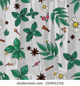 against the background of the texture of gray wood seasonings and spices, mint cinnamon vanilla cloves raspberry leaves, grass, chamomile, herbal tea, rosehip. Square. Vector hand-drawn illustration