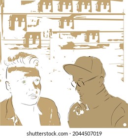 Against the background of a wall with abstract bottles, two human heads, one with glasses, the other with a scallop haircut
