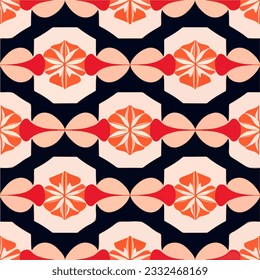 Against a black backdrop, an orange and black repeating fabric pattern captures attention. With art deco inspiration, this seamless design showcases a harmonious blend of colors.