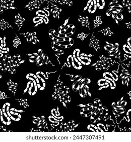 Against a black backdrop, snakes that are outlined in white are arranged in vector seamless pattern that resembles a floral print. Attractive surface art design for printing on various surfaces.