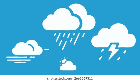 Vor blauem Hintergrund symbolisiert eine Sammlung weißer Wolkensymbole verschiedene Wetterbedingungen, darunter Regen, Blitz, Sonneneinstrahlung und windiges Wetter mit minimalistischem Design