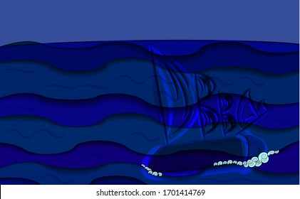 against the blue sea and the dark sky, floating ghost ship, in blue glow