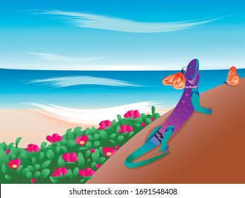 against the blue sky and ocean on the beach covered with flowers, a salamander resting in the company of butterflies